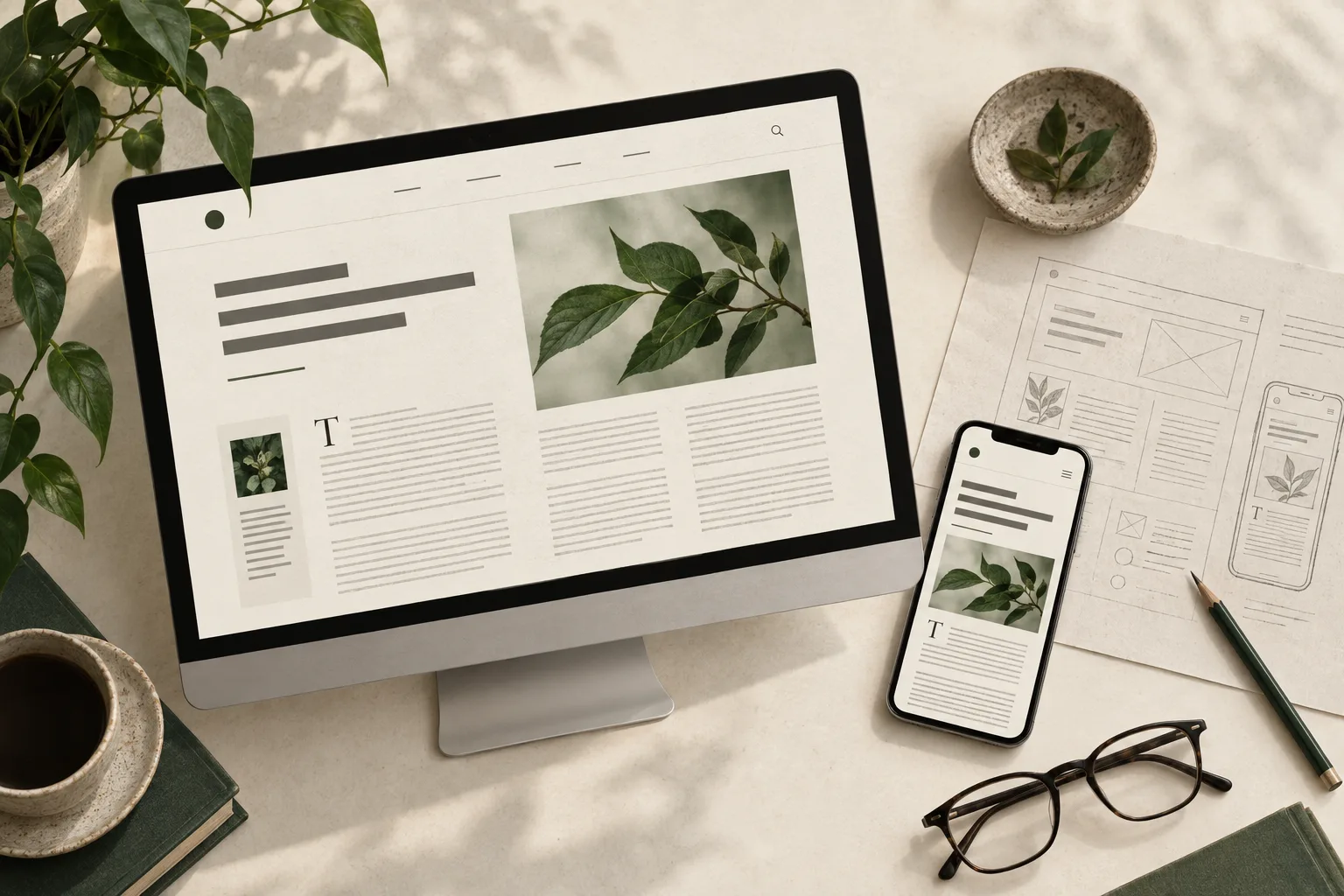Concept illustration of a minimalist blog on desktop and mobile beside a paper wireframe.