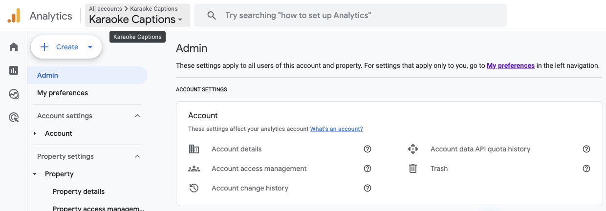 Google Analytics Admin page showing Account access management under Account settings, with the Admin gear selected in the left menu.