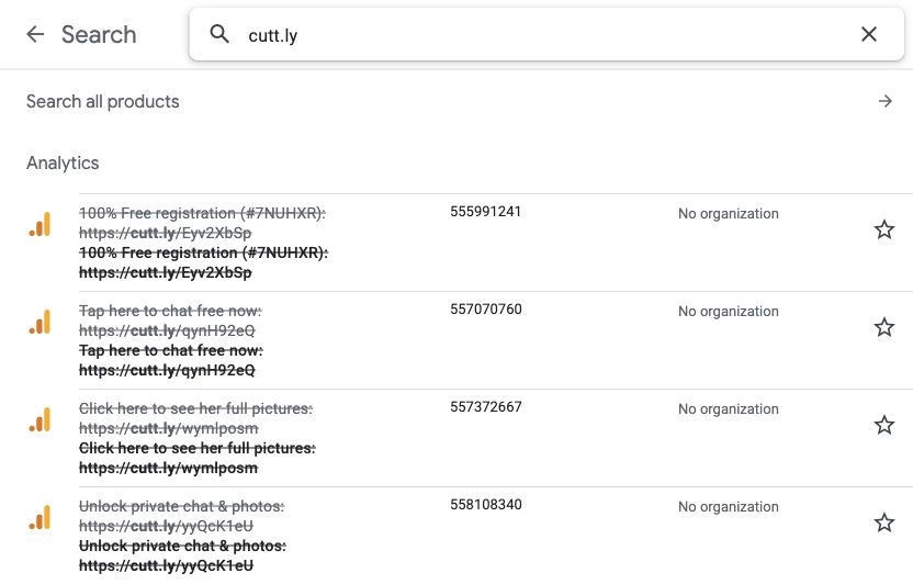 Google Analytics account-picker search results showing several spam account and property names with shortened links and crossed-out text.