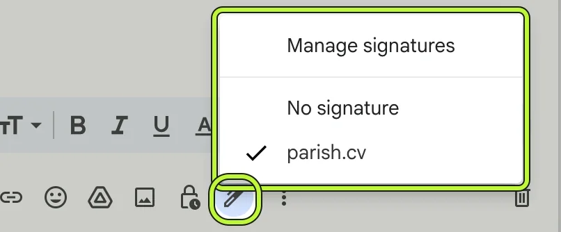 The Insert signature menu in a Gmail compose window, listing Manage signatures, No signature and the parish.cv signature.