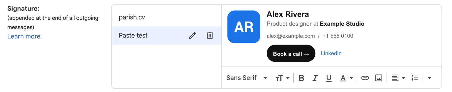 The HTML signature template pasted into Gmail's signature editor, keeping its logo, two-column layout and black Book a call button.