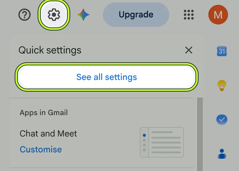 Gmail Quick settings panel open under the gear icon, with the See all settings button highlighted.