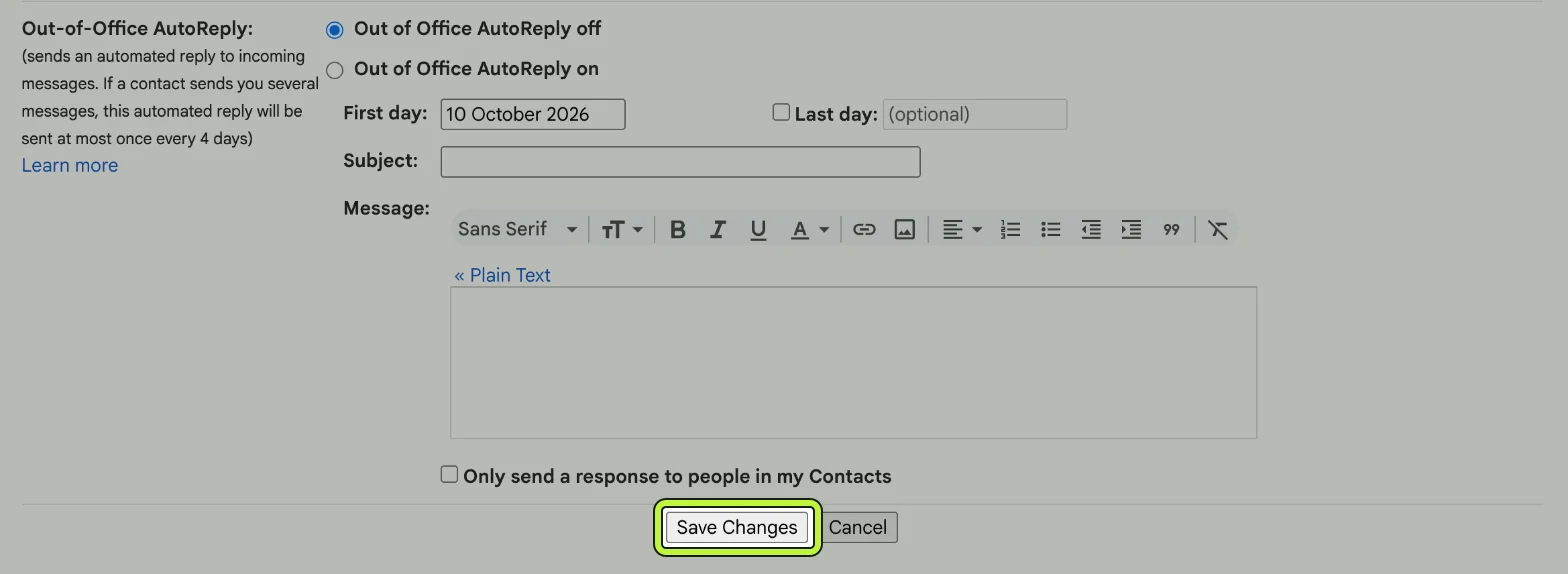 The bottom of Gmail's General settings tab, below Out-of-Office AutoReply, with the Save Changes button highlighted.