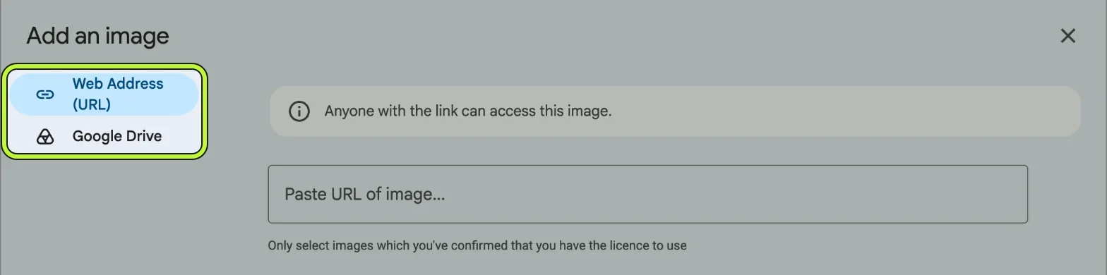 Gmail's Add an image dialog for signatures, offering Web Address (URL) and Google Drive, with a note that anyone with the link can access the image.