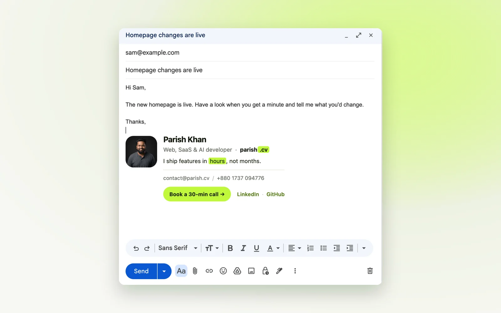 A new Gmail message with the parish.cv signature added automatically: photo, name, role, tagline, email, phone, a Book a 30-min call button, and LinkedIn and GitHub links.