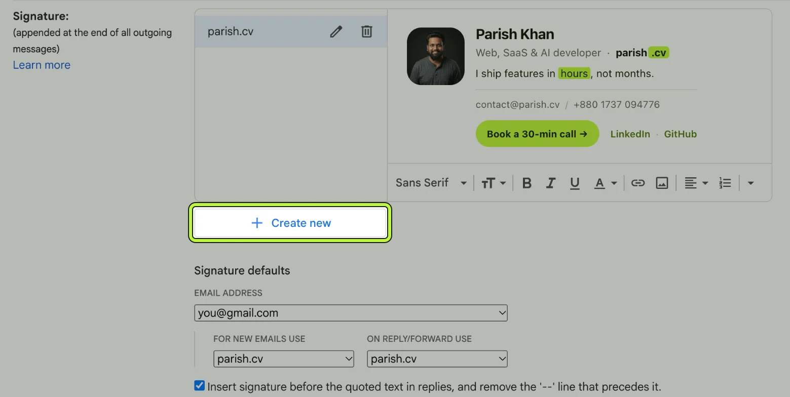 The Signature section in Gmail settings, showing a saved signature, the editor, and the Create new button highlighted.