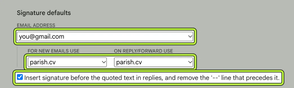 Gmail Signature defaults with the email address dropdown, the new email and reply or forward dropdowns, and the insert signature before quoted text checkbox highlighted.