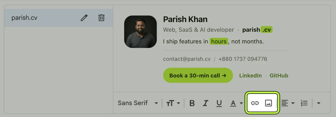 Gmail signature editor with a finished signature and the link and insert image buttons highlighted in the toolbar.
