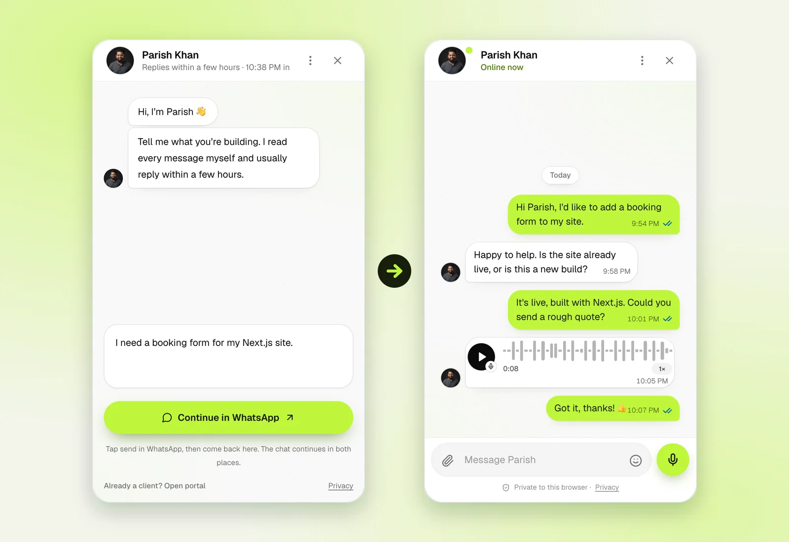 Two states of the parish.cv chat widget: a welcome screen with a Continue in WhatsApp button, and a linked conversation with text messages, a voice note and read ticks.