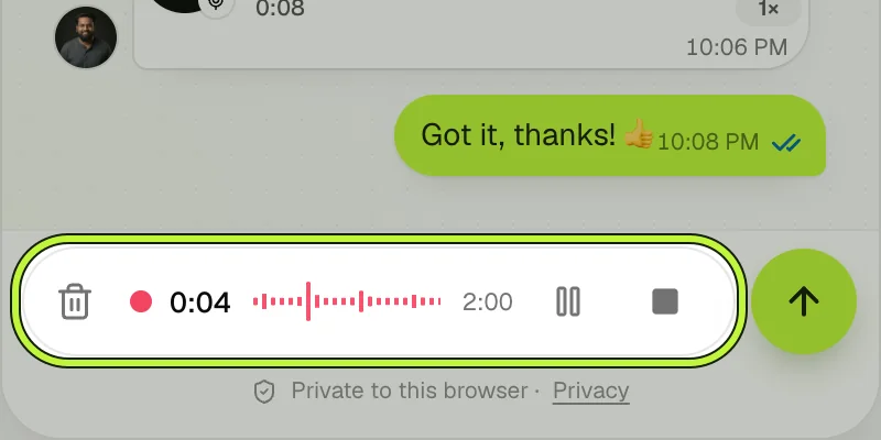The chat composer while recording a voice note, showing a red recording dot, a timer at 0:04, a live waveform, the two-minute limit, and pause and stop buttons.