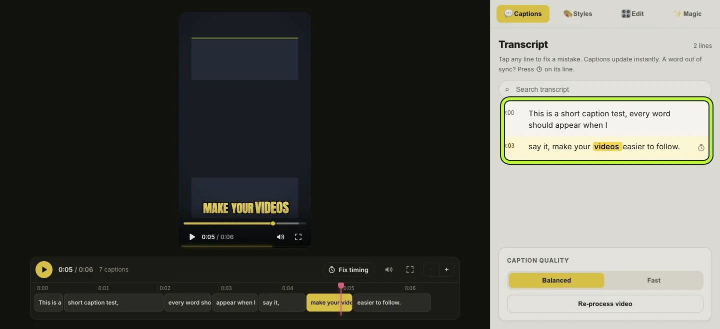 Karaoke Captions showing the generated transcript, seven timed caption groups and a captioned portrait video