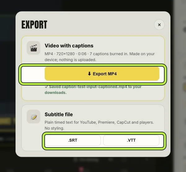 Export dialog showing a successfully saved captioned MP4 and separate SRT and VTT subtitle download buttons