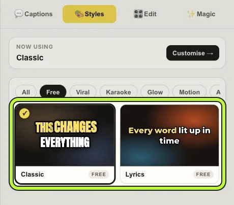 The Free filter in Karaoke Captions showing Classic and Lyrics presets, both labeled free
