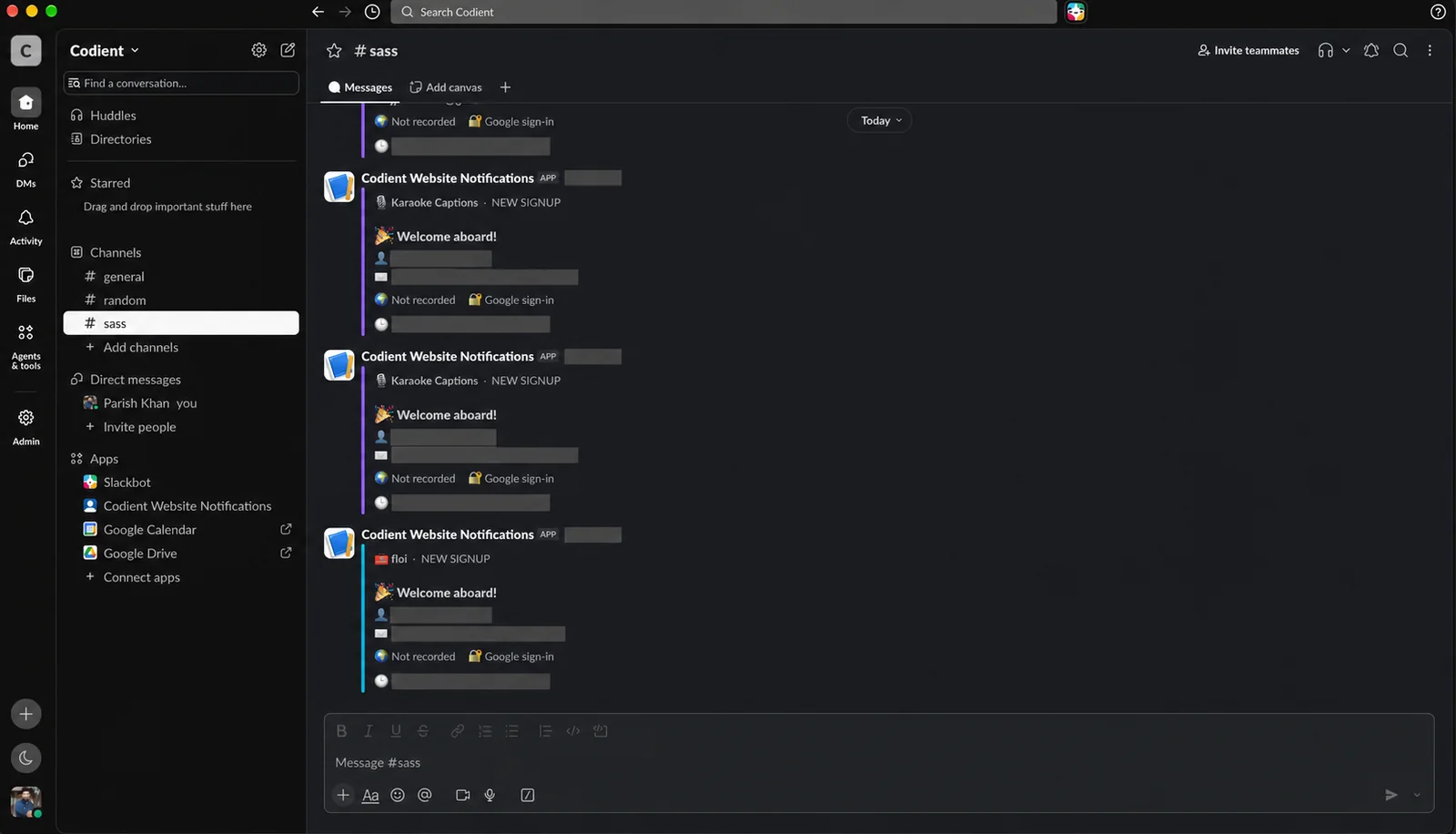 Slack channel showing signup notifications from Karaoke Captions and floi, with product labels, welcome messages, country availability, and Google sign-in; customer details and time labels are hidden