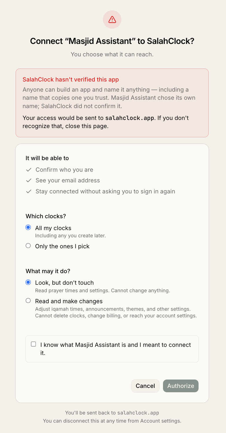 SalahClock's OAuth consent screen: a warning that the app is unverified and where the access would be sent, a list of what it will be able to do, a Which clocks? choice defaulting to All my clocks, and a What may it do? choice defaulting to Look, but don't touch.